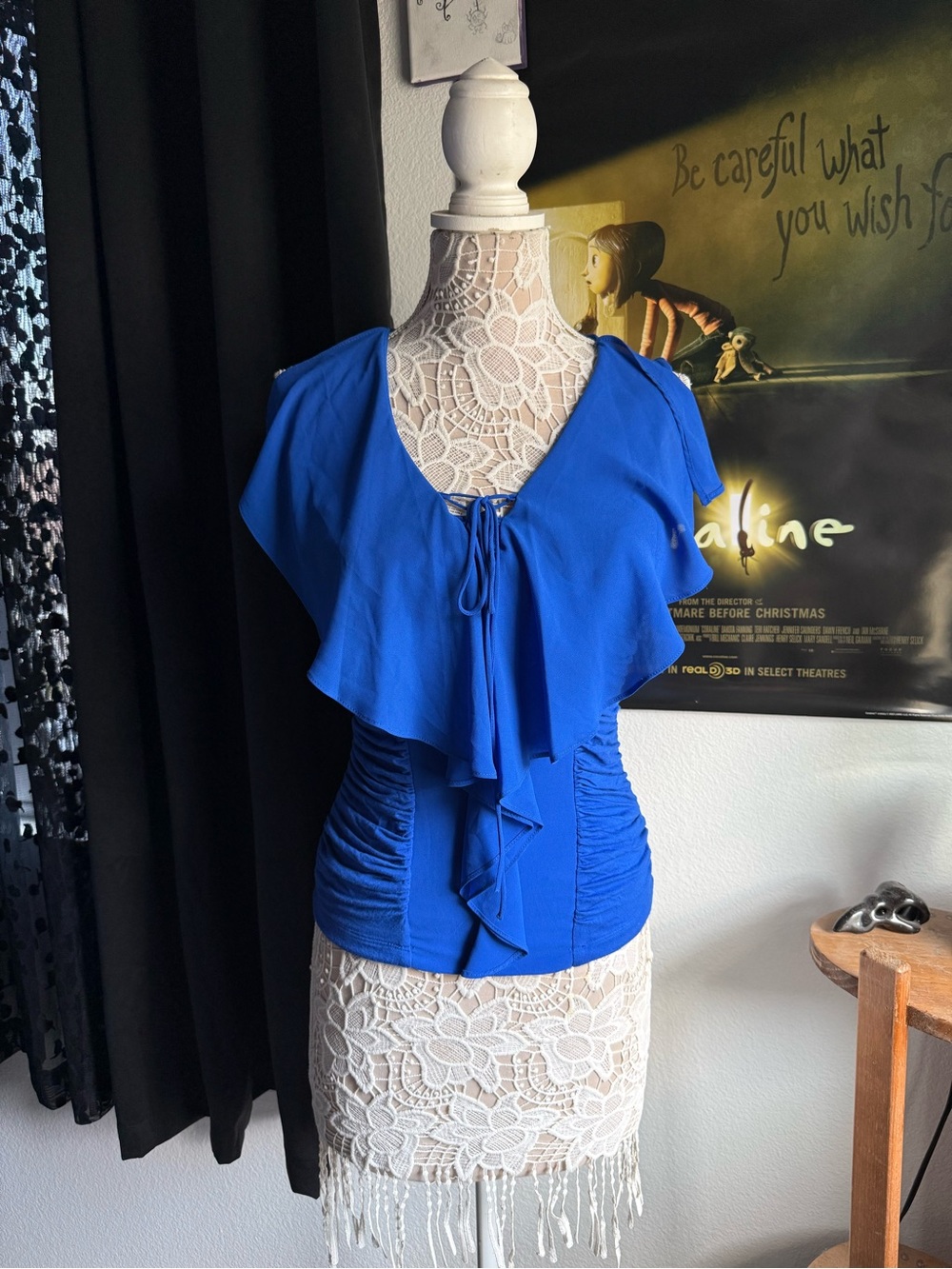 XOXO Cobalt Blue Flutter Sleeve Tie-Front Blouse